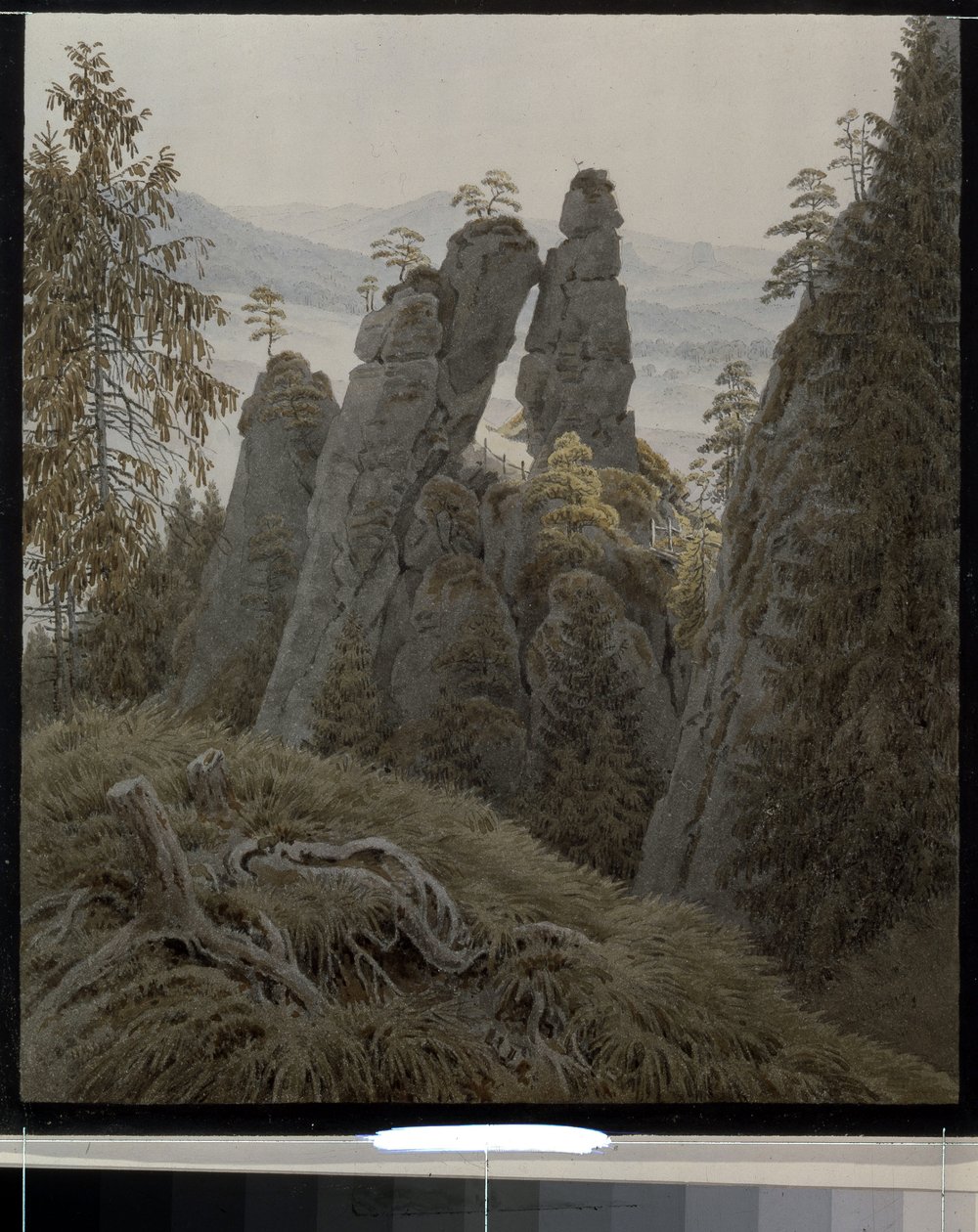 A sziklák kapuja Neurathenben (Németország). (The Rock Gates in Neurathen). Caspar David Friedrich (1774-1840) munkája, akvarell papírra, 1826 és 1828 között. 19. századi német művészet, romantika. Állami Ermitázs, Szentpétervár. alkotó: Caspar David Friedrich