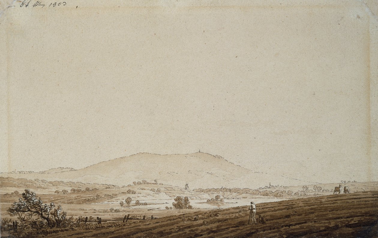 Táj Csehországban, kilátással a Jeschken-hegyre, 1803 (toll- és tintamosás papíron) alkotó: Caspar David Friedrich