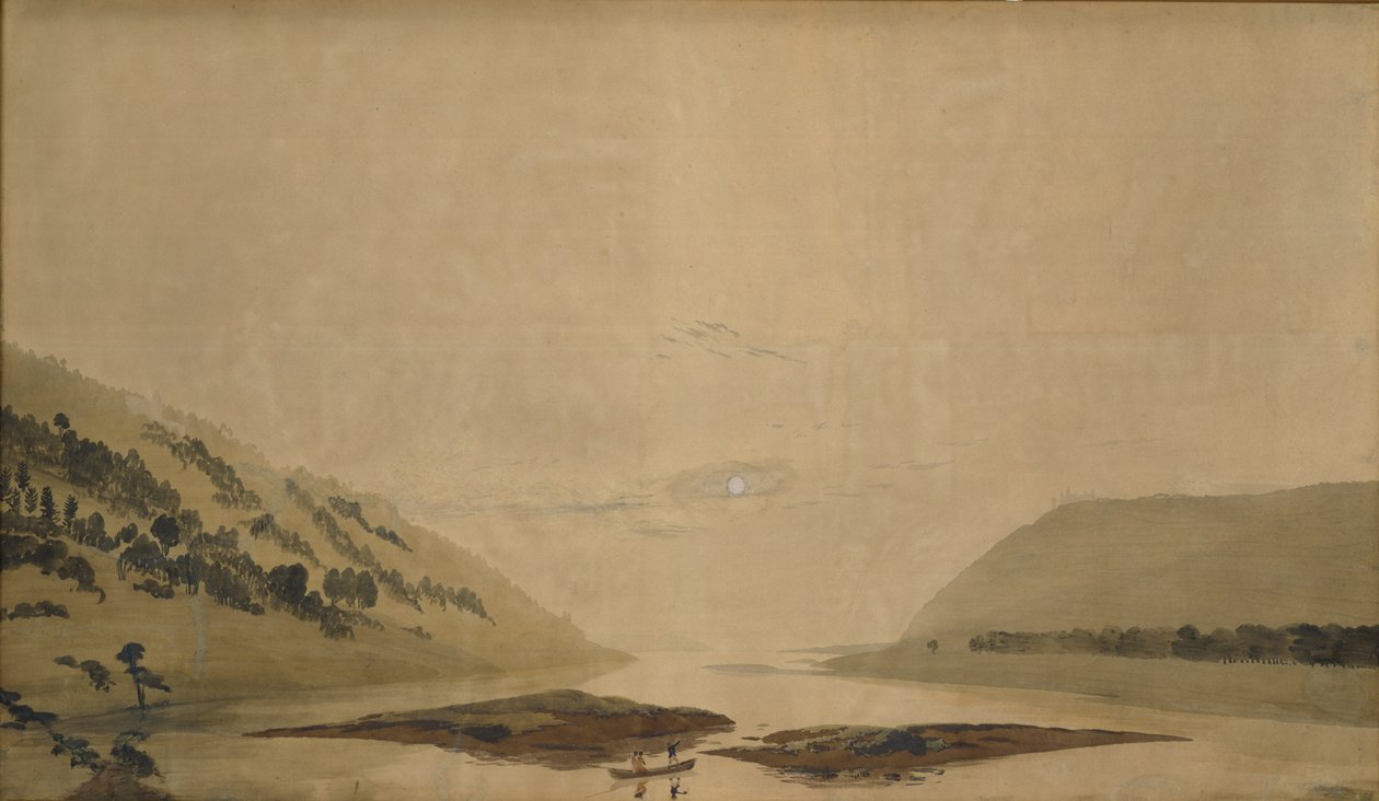 Hegyvidéki táj folyóval reggel, 183035 (wc és tempera átlátszó papíron) (pár a 265365-höz) alkotó: Caspar David Friedrich