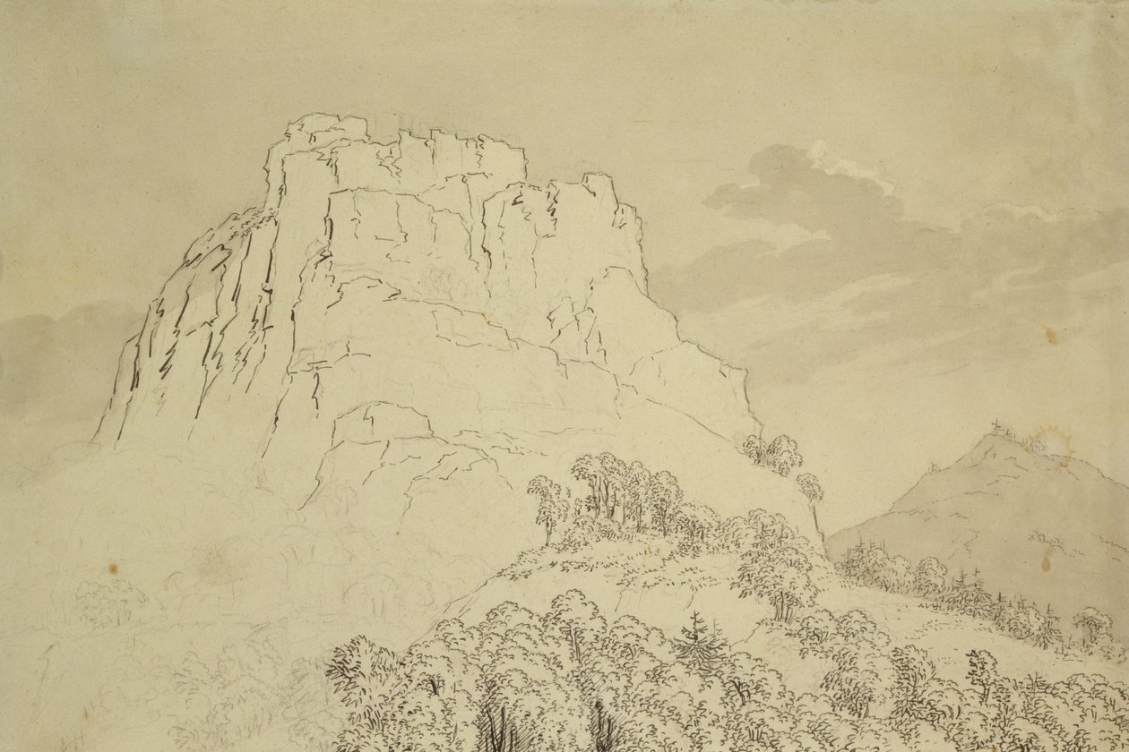 Sziklás dombtető, elöl erdős domb (ceruza, toll és wc mosás papíron) alkotó: Caspar David Friedrich