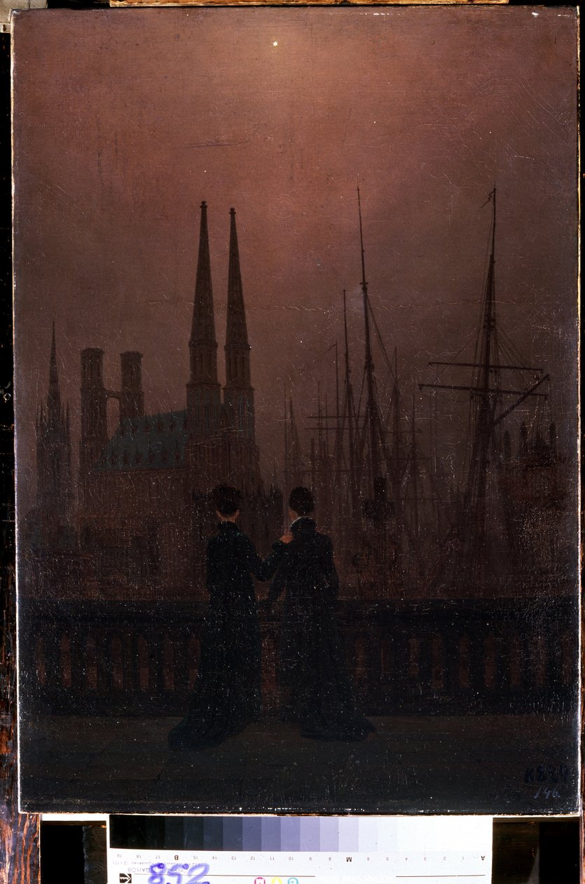 ""Este a kikötőben vagy a nővérek"" (Éjszaka a kikötőben (nővérek)) Caspar David Friedrich (1774-1840) festménye 1818-1820 Méret: 74x52 cm Ermitázs Múzeum, Szentpétervár alkotó: Caspar David Friedrich