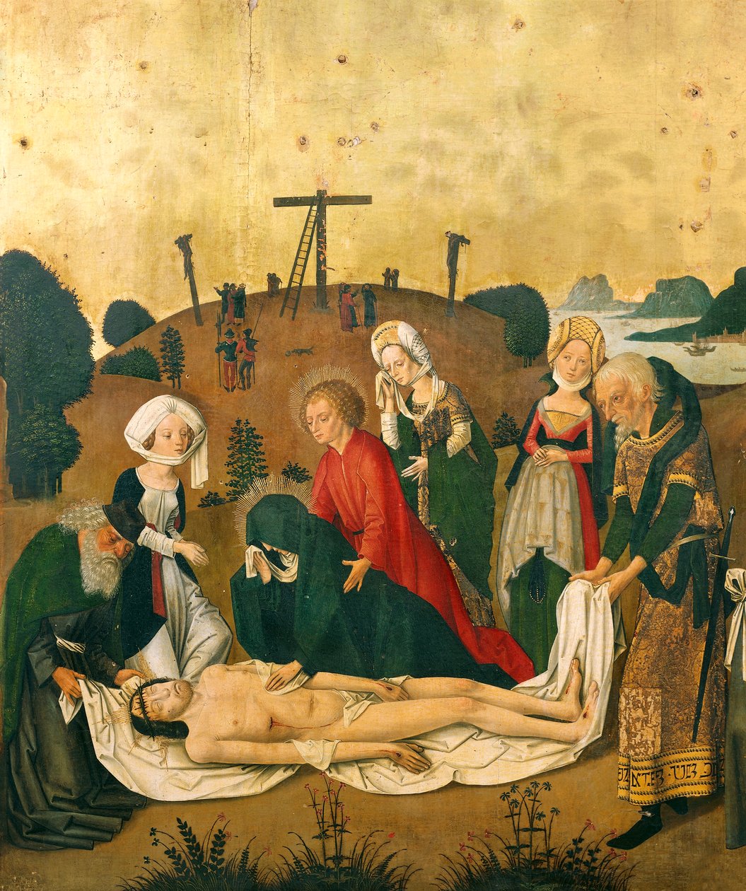 Krisztus letétele, részlet a colmari Szent Márton-templom főoltárképéről, 1462-1465 körül, Caspar Isenmann (1430-1484 körül) alkotó: Caspar Isenmann