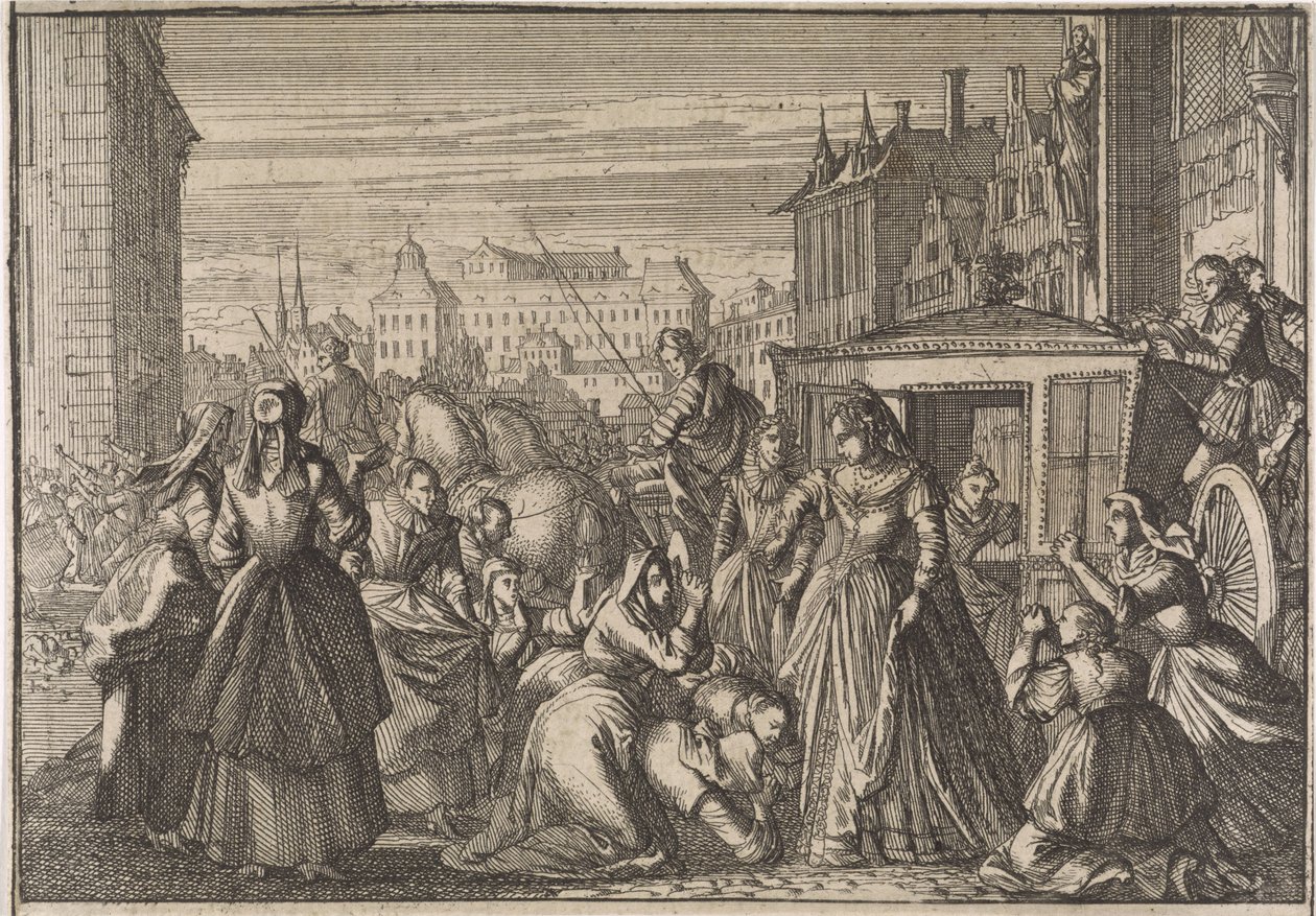 Anna királynő előtt letérdelő nők Párizsban, adócsökkentésért könyörögve, 1645 alkotó: Caspar Luyken (attributed to)