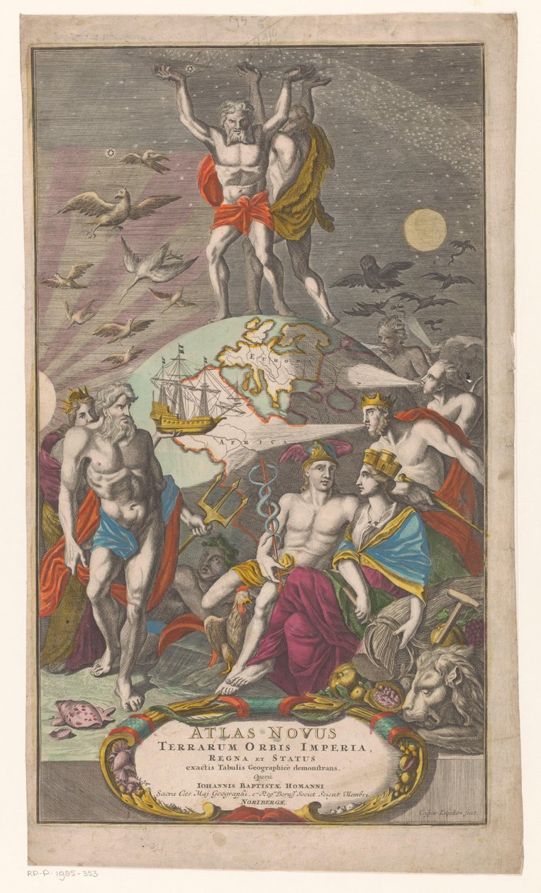 Atlas en Hercules dragen sternerhemel Címlap: Johann Baptista Homan, A világbirodalmak, királyságok és államok új atlasza pontos földrajzi táblázatokkal, 1710 alkotó: Caspar Luyken