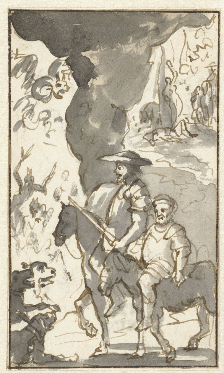 Don Quichotte és Sancho Panza egy kovácsműhely mellett hajtanak el Tervek a Histoire de l