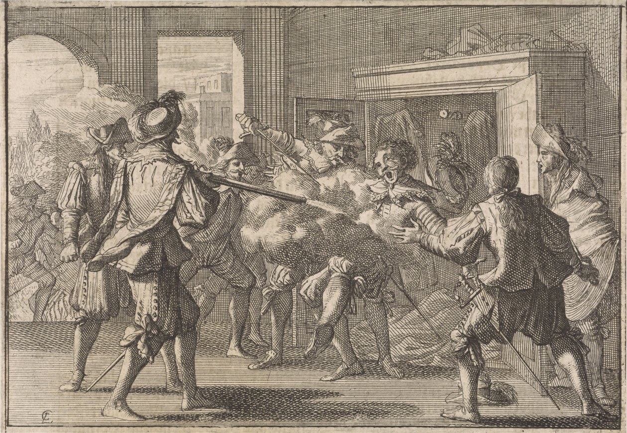 Miguel de Vasconcelost egy szekrényben fedezik fel, és a feldühödött portugál meggyilkolja, 1640 alkotó: Caspar Luyken