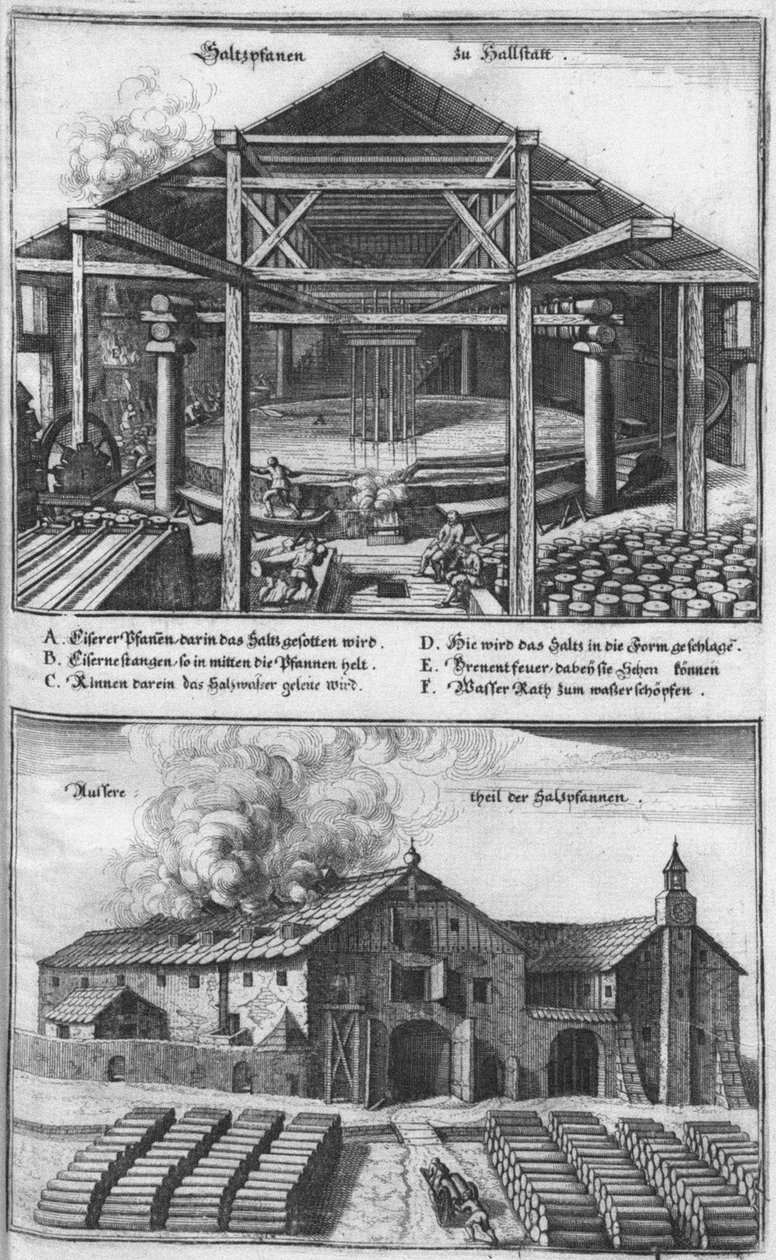 A Saltzpan Hallstättbe. Forrás: Topographia Provinciarum, 1679 alkotó: Caspar Merian