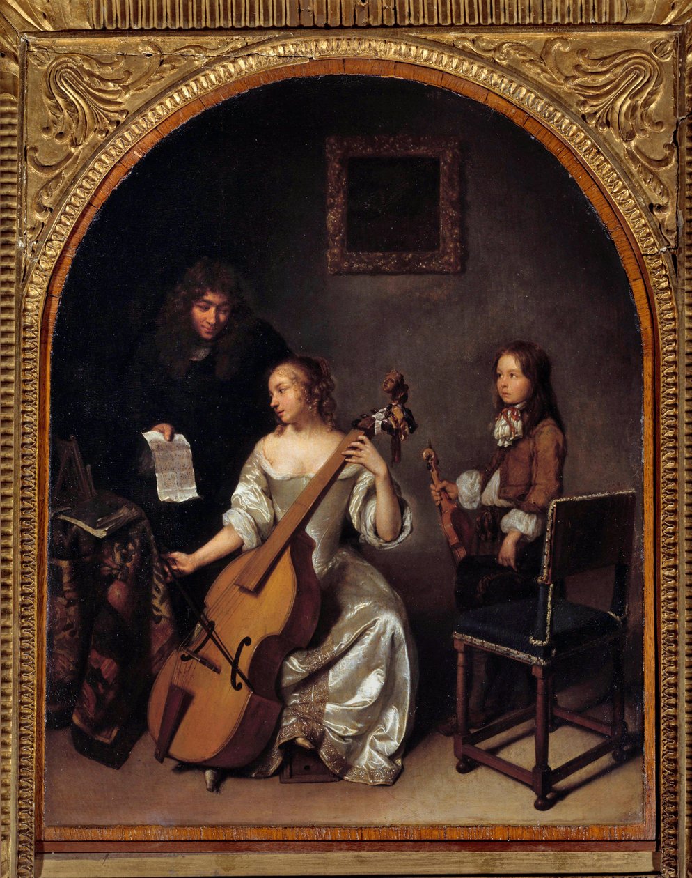 A basszushegedűlecke Gaspard Netscher festménye (1639-1684) 17. század V. 0,45x0,35 m alkotó: Caspar Netscher