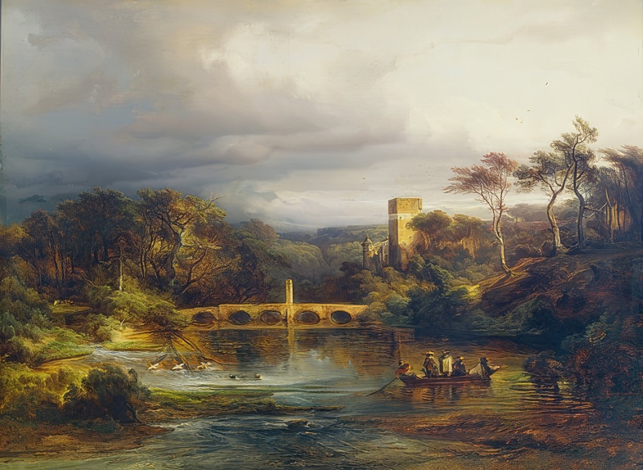 Kastély az erdei tavon csónakázókkal és íves híddal. 1846 alkotó: Caspar Scheuren