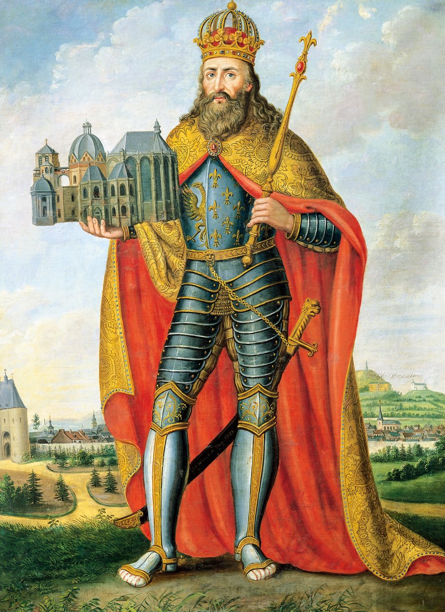 Nagy Károly (742 - Aachen, 814), a frankok és langobardok királyának, a Római Birodalom császárának portréja, a nádori kápolna makettjével állva, Scheuren festménye alkotó: Casper Johann Nepomuk Scheuren