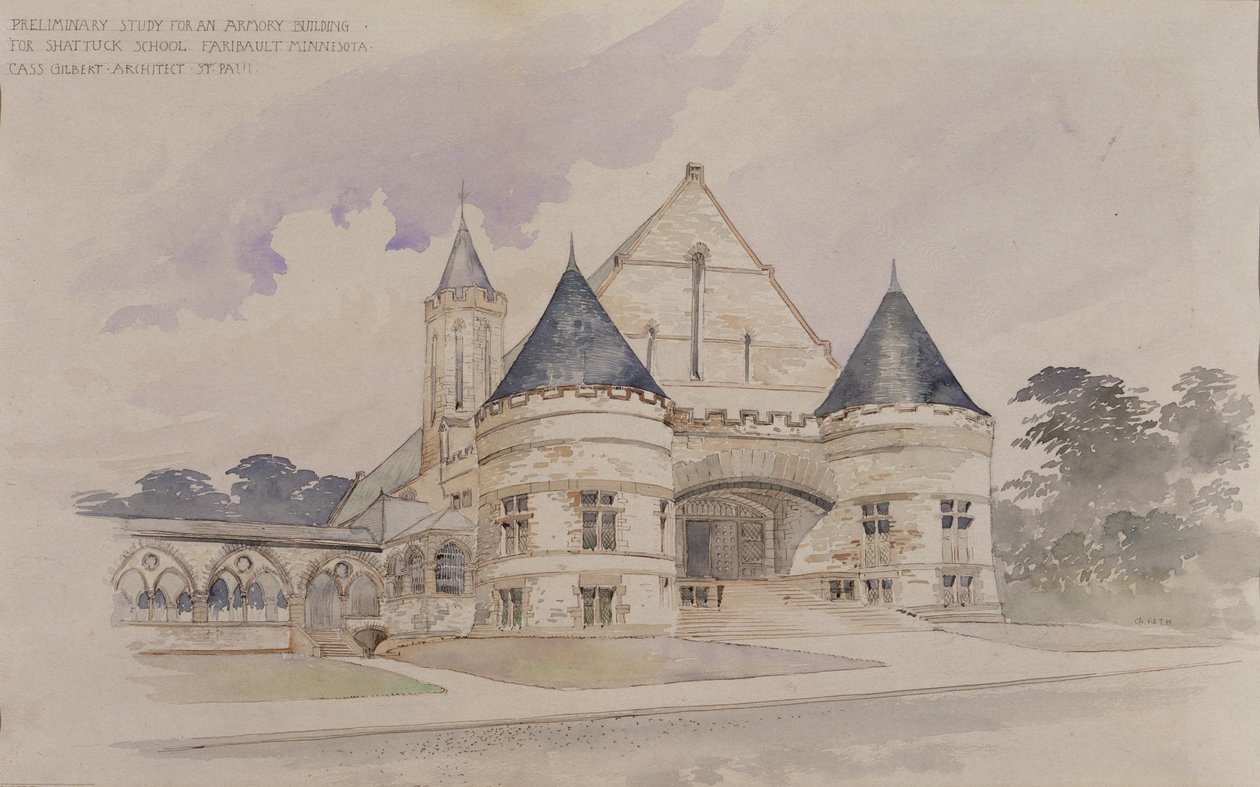 Előzetes tanulmány a Shattuck Iskola fegyverraktárának épületéről, Faribault, Minnesota alkotó: Cass Gilbert