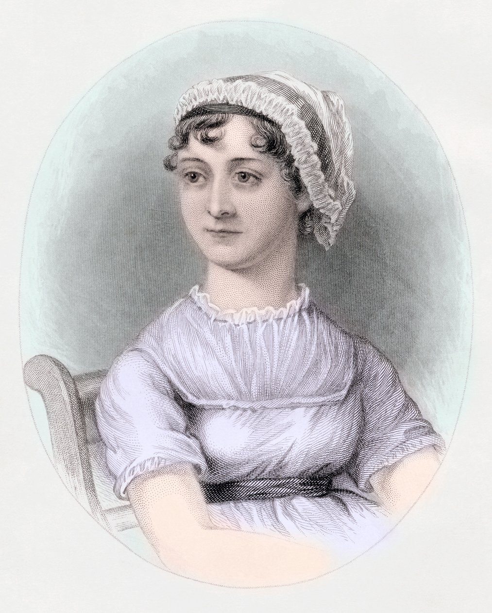 Jane Austen portréja, 1850 körül (kézzel színezett metszet) alkotó: Cassandra (after) Austen
