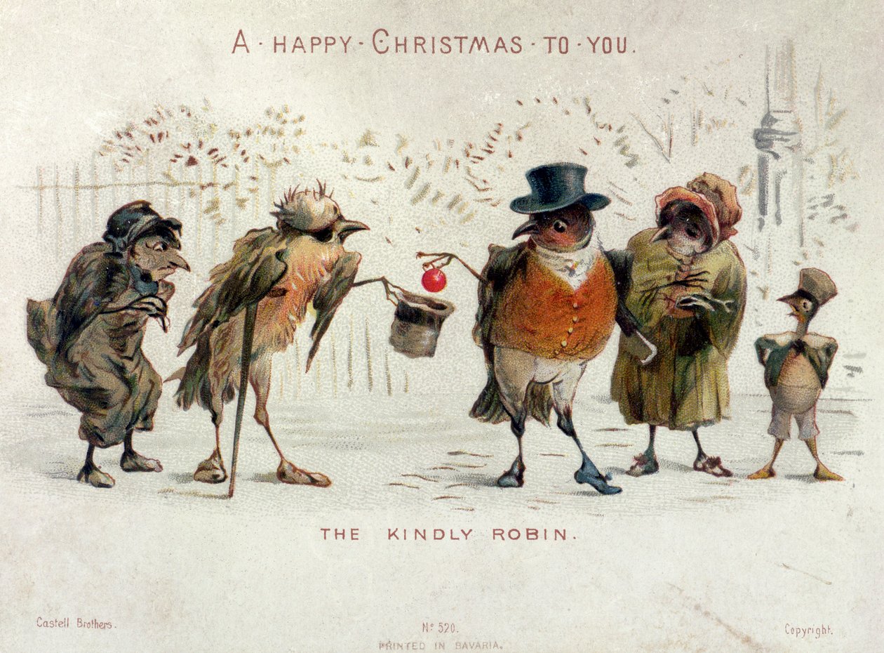 A Kindly Robin, viktoriánus karácsonyi üdvözlőlap alkotó: Castell Brothers