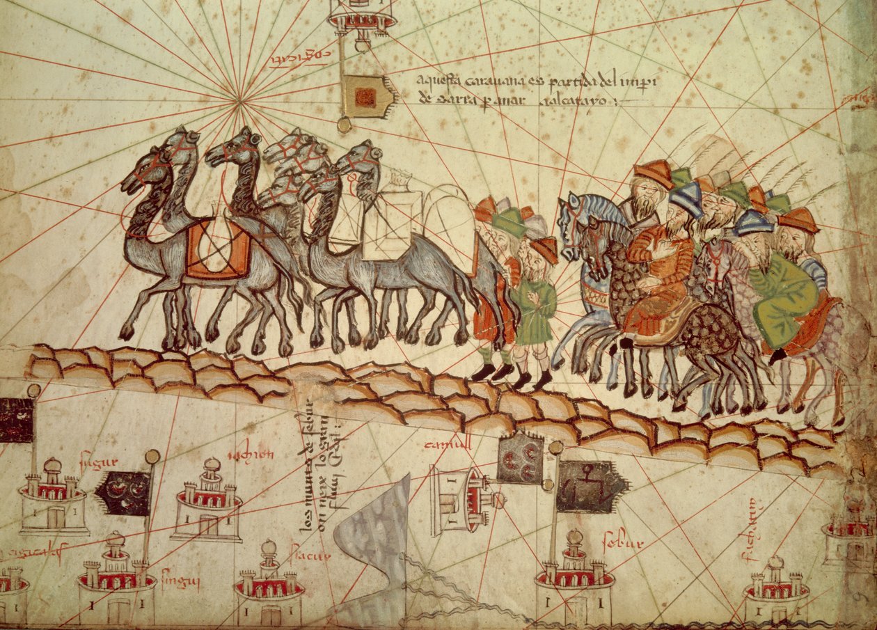 A 13. századi Ázsiát ábrázoló katalán tengeri térkép (portulán) részlete, amelyen egy Cathay felé sétáló karaván látható (a nevet Marco Polo adta az észak-kínai régió megtervezéséhez): Marco Polo Selyemút. Abra katalán atlasza alkotó: Catalan School