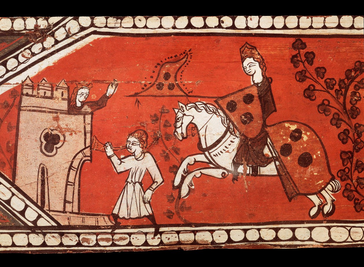 A lovagok zászlót viselnek: a lovag, a hercegnő és a herauta. Tempera fán a tető díszítéséből. 13. század. alkotó: Catalan School