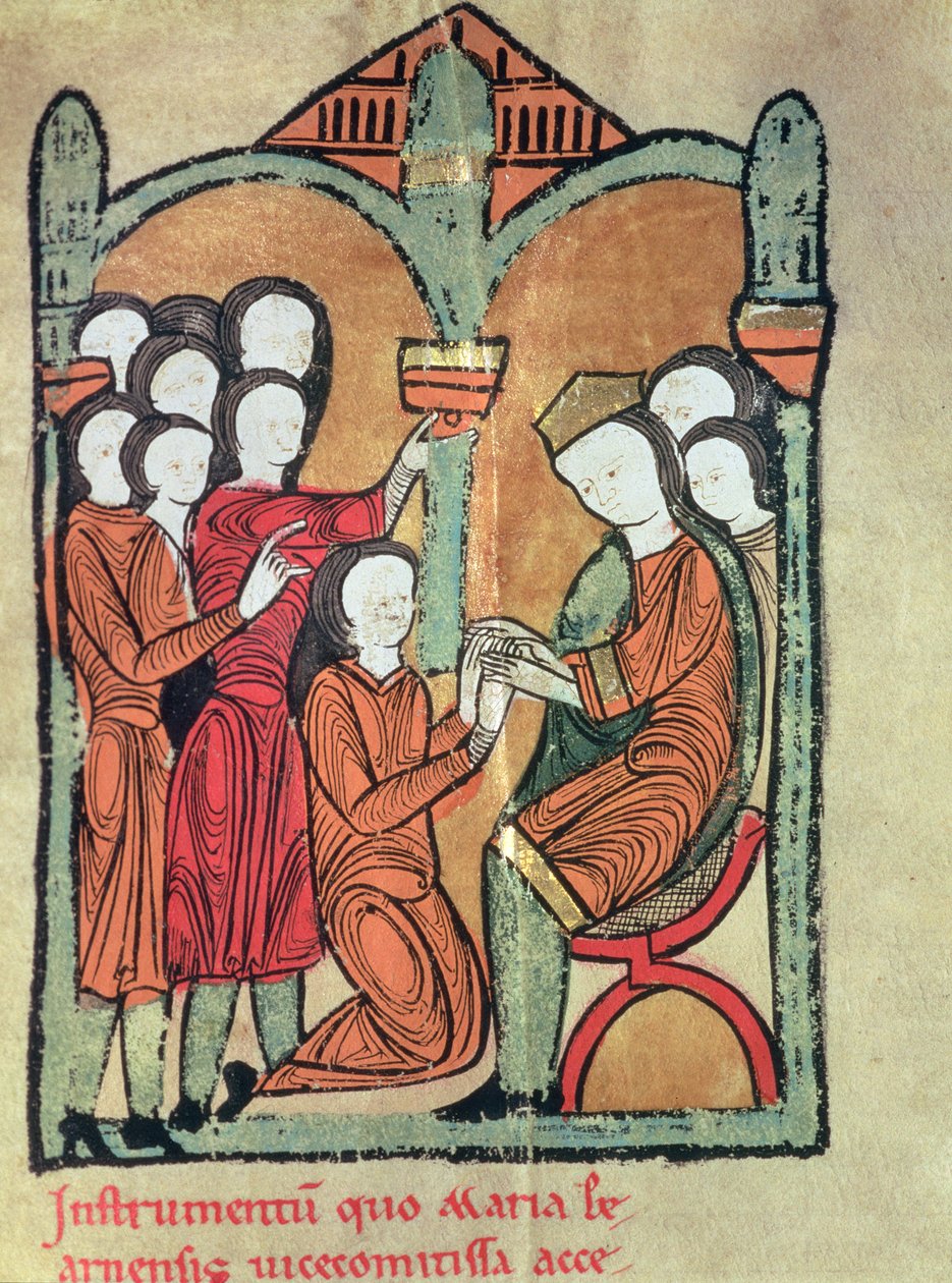 Bearn grófnője a „Liber Feudorum Maior” (vellum) néven ismert kéziratból tisztelgést esküszik II. Aragóniai Alfonso előtt, és megígéri, hogy az ő beleegyezése nélkül nem házasodik meg. alkotó: Catalan School