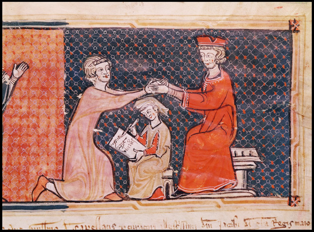 A királyi ügyész, az írástudó és a feudális nagyúr, Capbreu de Clayra et de Millasból 1292 alkotó: Catalan School