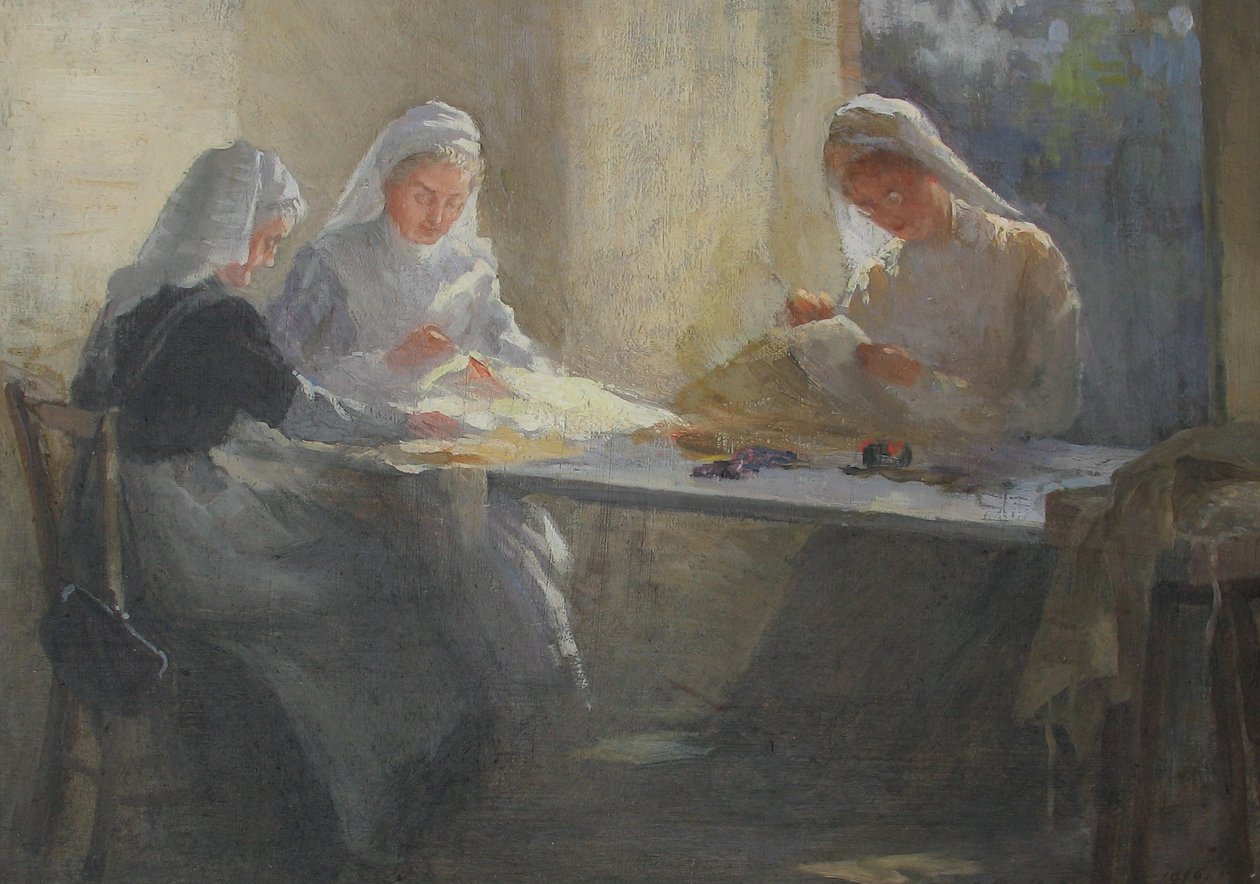 Kensington War Hospital Supply Depot (Kensington Square), Három nővér ül egy asztalnál, varr, 1916 körül (olaj, vászon tábla) alkotó: Catherine Ouless