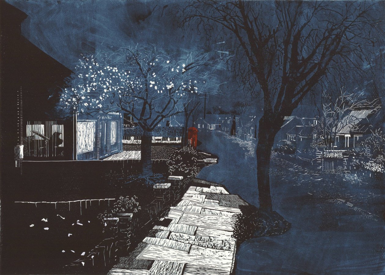 Zene hangja a külvárosban, 2012 (linómetszet és metszet) alkotó: Catherine Sutcliffe Fuller