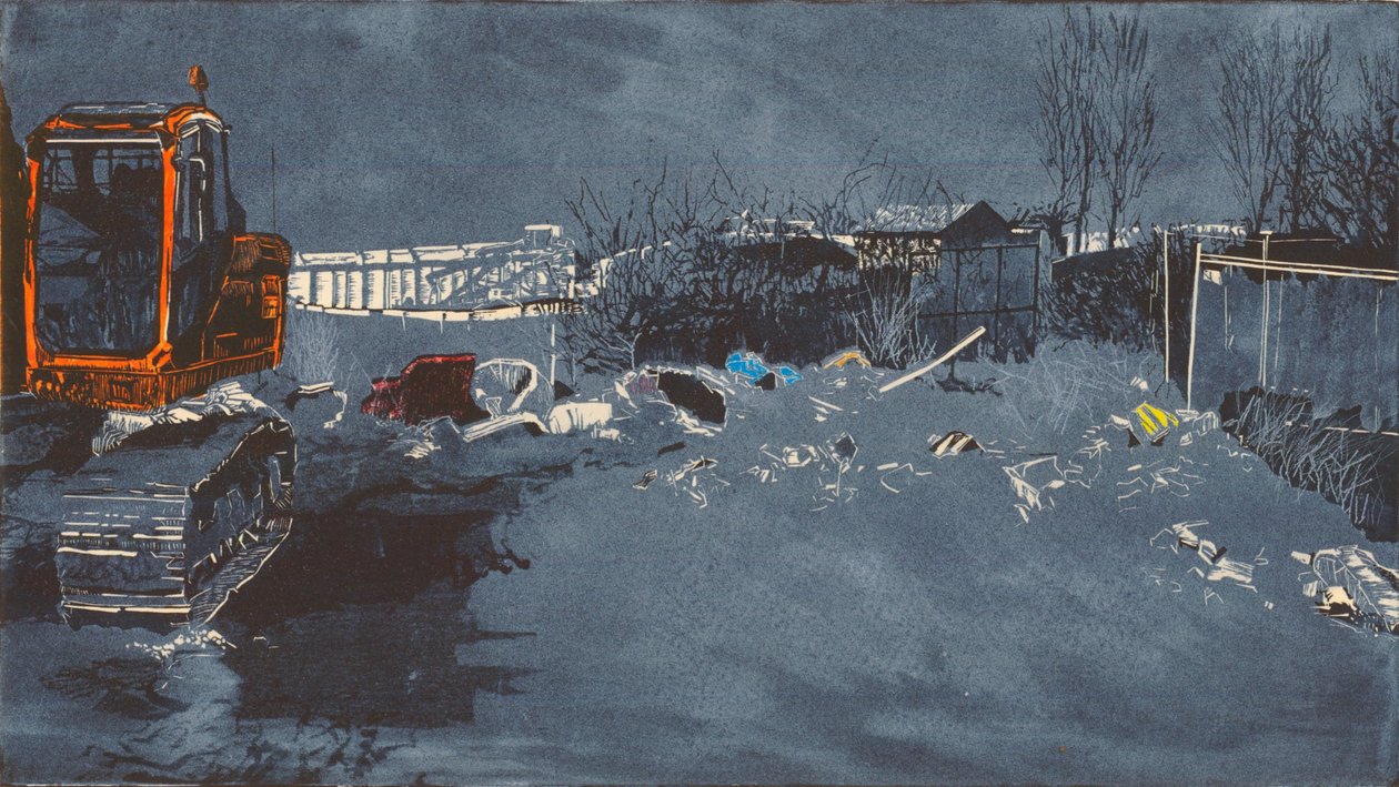 Széles terület 300 gőtével, 2014 (linómetszet és metszet) alkotó: Catherine Sutcliffe Fuller