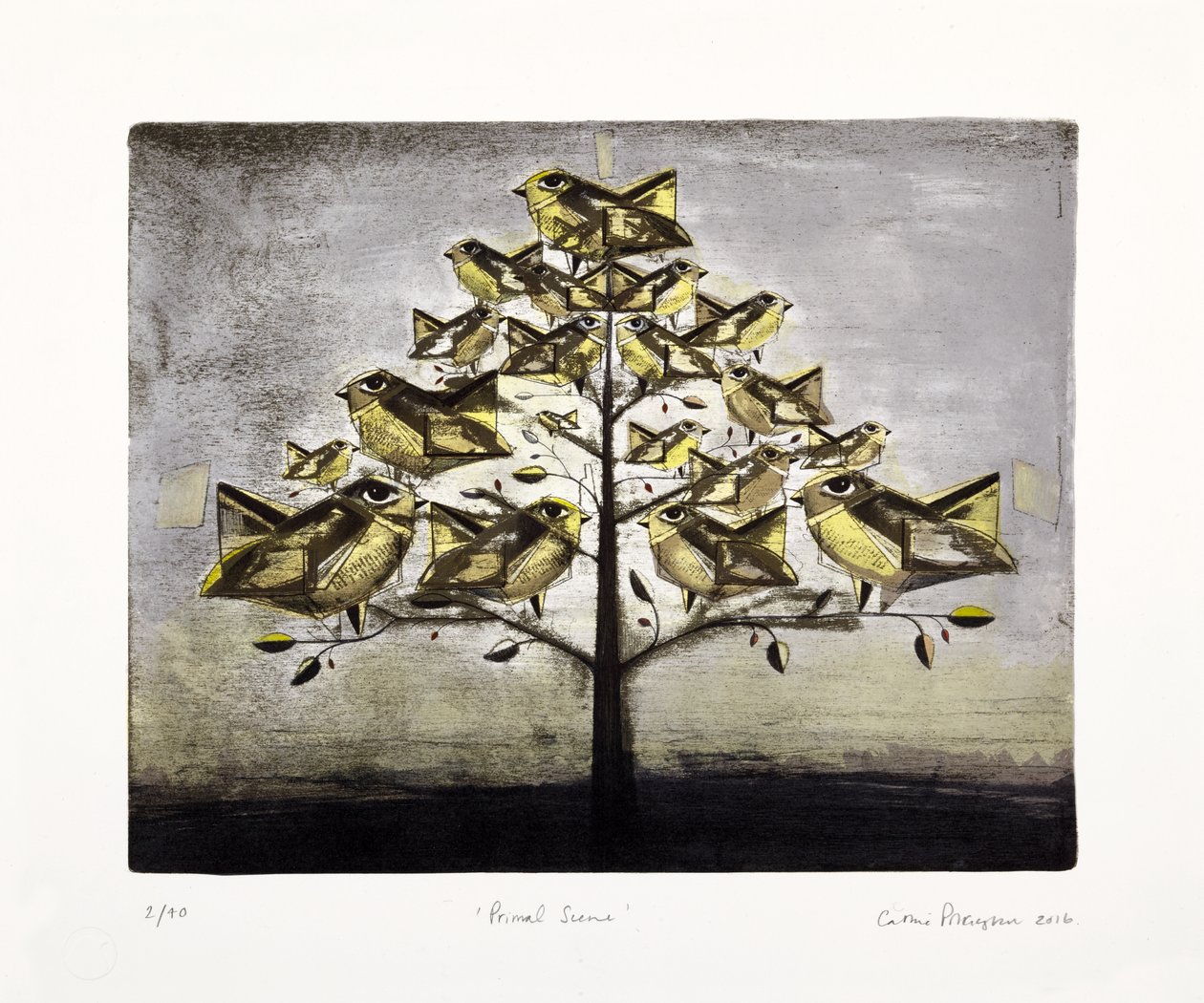 Ősjelenet, 2016 (mokulitolitográfia kézi színezéssel) alkotó: Cathie Pilkington