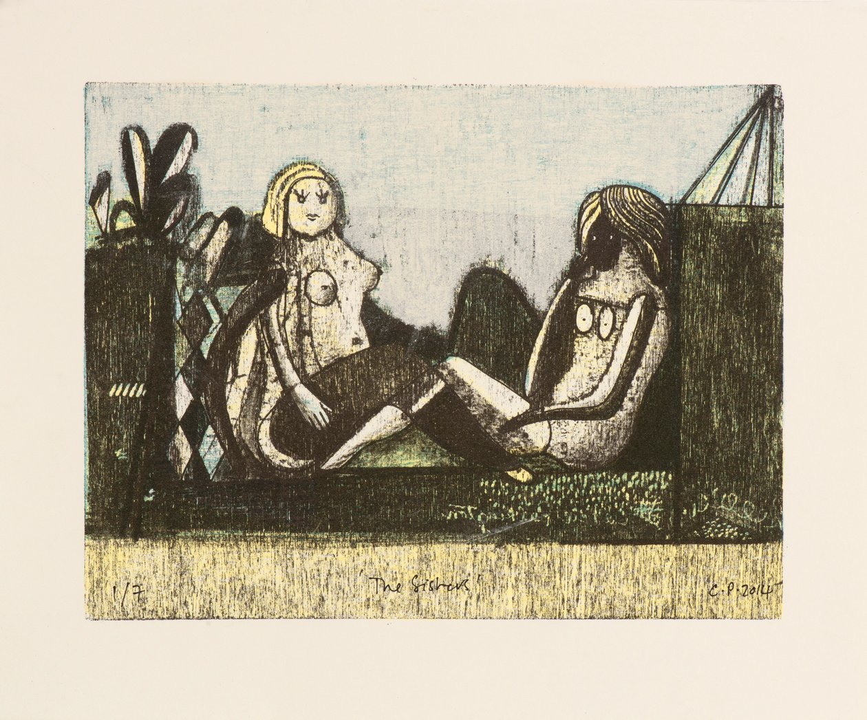 A nővérek, 2014 (mokulitolitográfia kézi színezéssel) alkotó: Cathie Pilkington