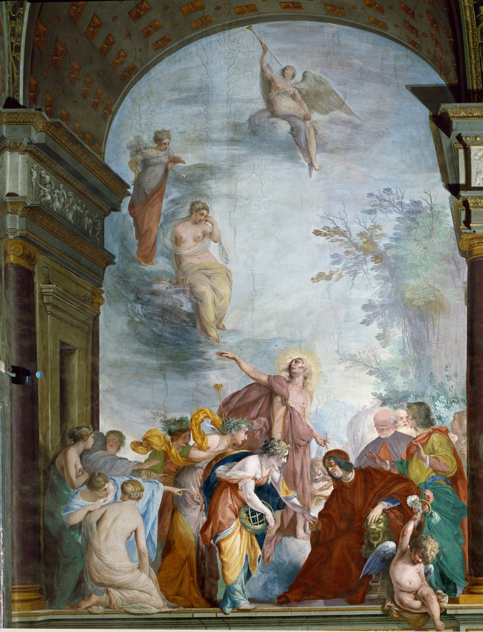 La Renommee Lorenzo de Medici, a Nagyszerű (Laurent de Medici le Magnifico) (1449-1492) hőstetteit oválja Cecco Bravo (Francesco Montelatici) freskója (1607-1661) 1635 körül Firenze, Palazzo Pitti, Sala degli Argenti alkotó: Cecco  Bravo