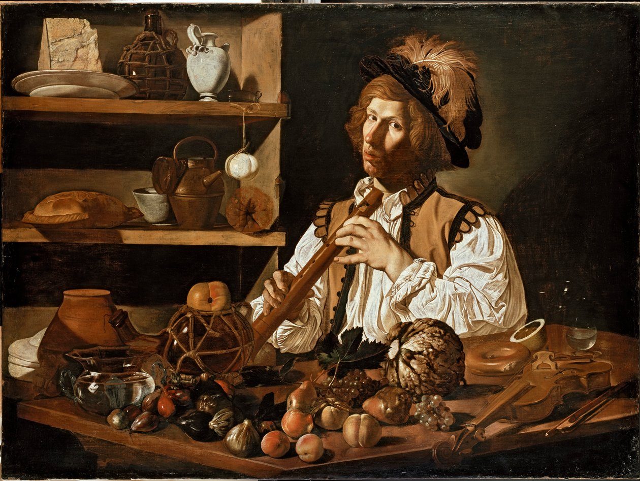 Belső tér egy fiatal férfival, aki egy hangrögzítőt tart, c1610-1621 alkotó: Cecco del Caravaggio