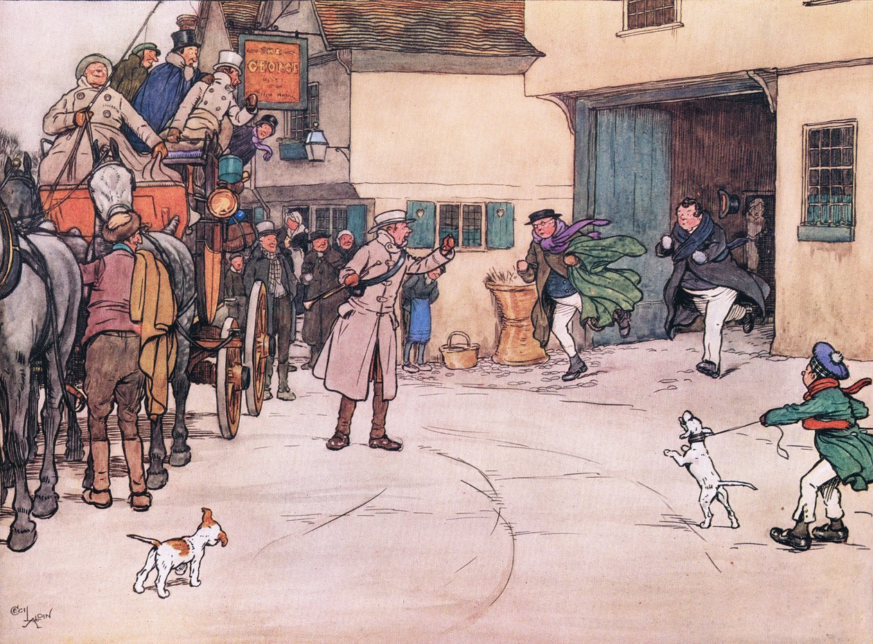 Távoli válasz hallatszik az udvarról, és Mr Pickwick, valamint Mr Turpin leszaladnak. alkotó: Cecil Charles Windsor Aldin