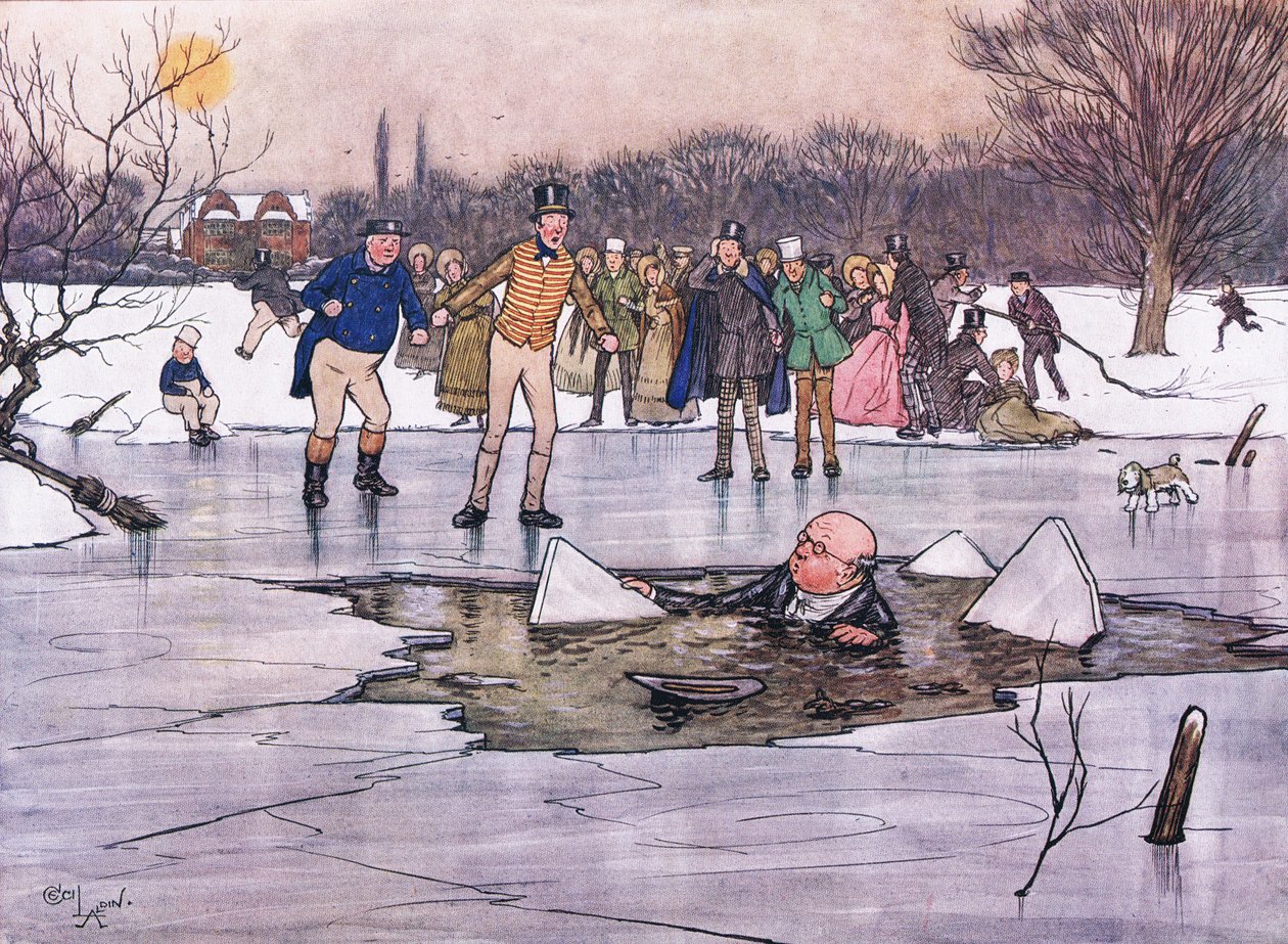 Egy arc , fej és váll, bukkant elő a víz alól, és felfedte Mr Pickwick vonásait és szemüvegét. alkotó: Cecil Charles Windsor Aldin