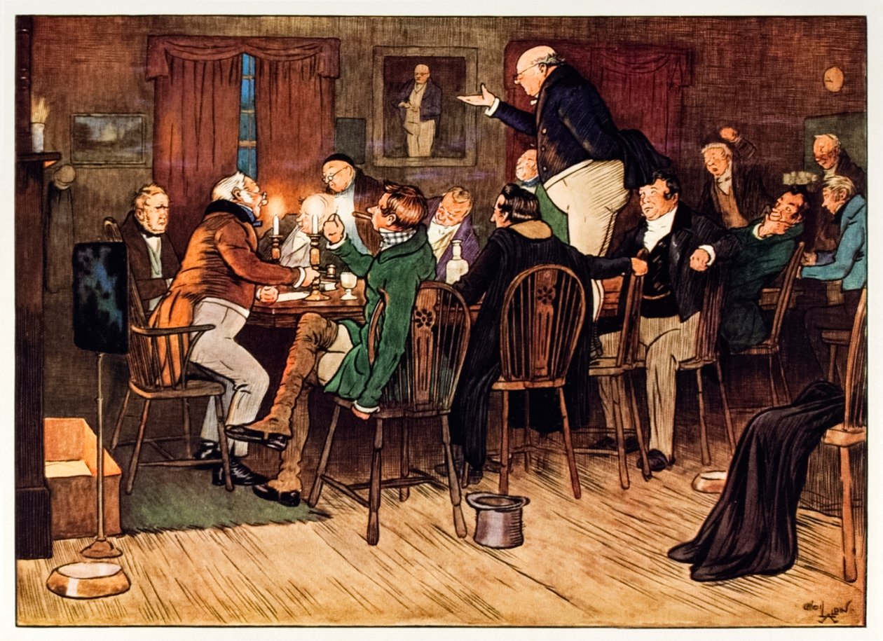 Az előlap a Pickwick klubot mutatja Charles Dickens A Pickwick Club posztumusz papírjaiból alkotó: Cecil Charles Windsor Aldin