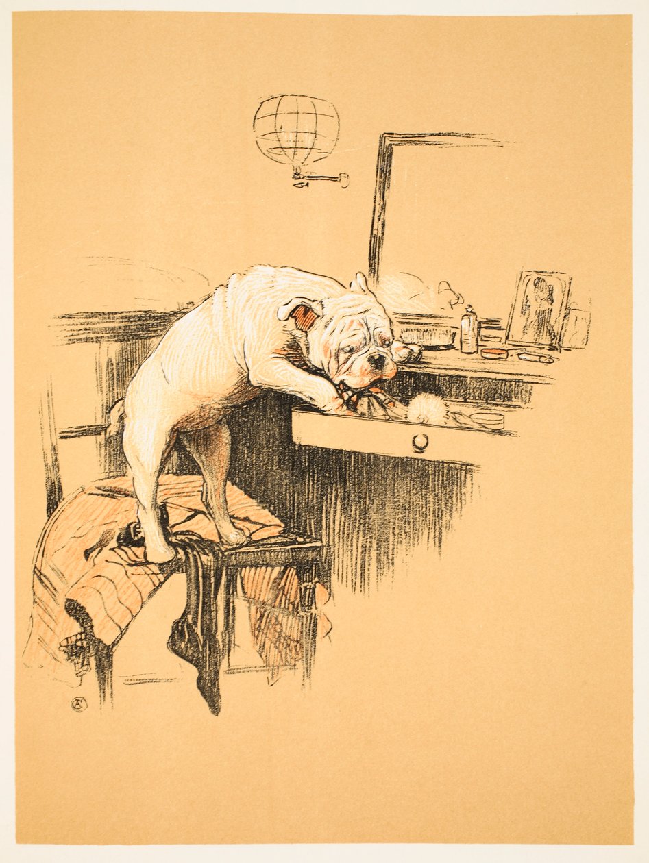 Egyedül hagyva az öltözőjében, „Egy meleg kutya, egy bolond év története” című Aldin, Cecil Charles Windsor (1870-1935), kiadta: William Heineman, 1905. Illusztráció, 1. kiadás, Kréta és zsírkréta a padon alkotó: Cecil Charles Windsor Aldin