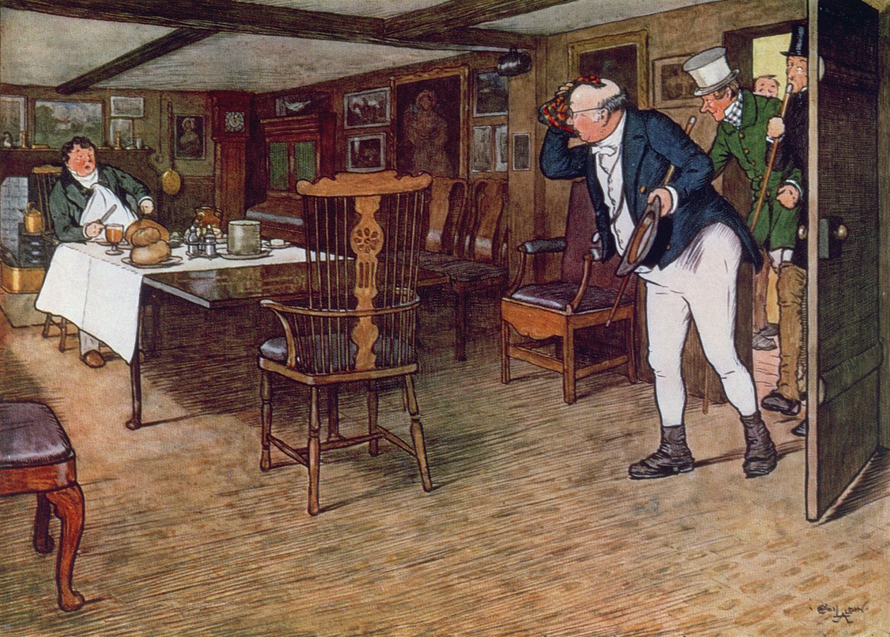 Pickwick úr Tupman urat találja ebédelni a Leather Bottle-ben, Cobham, 1910 (színes gravírozás) alkotó: Cecil Charles Windsor Aldin