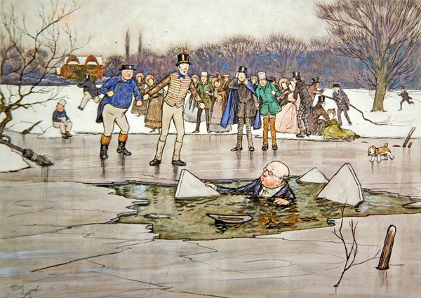 "Egy arc, fej, vállak bukkant elő a víz alól, és felfedte Pickwick vonásait és szemüvegét" alkotó: Cecil Charles Windsor Aldin