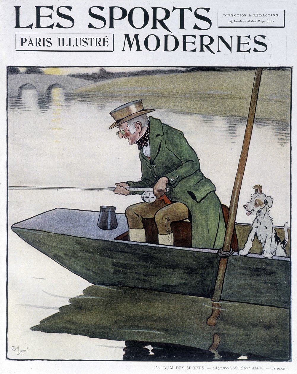 Horgászat – C. Aldin rajza a „Modern Sports” c. alkotó: Cecil Charles Windsor Aldin