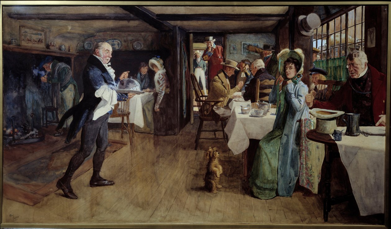Reggeli a fogadóban. Cecil Aldin festménye (1870 - 1935) Ec. Ang. alkotó: Cecil Charles Windsor Aldin