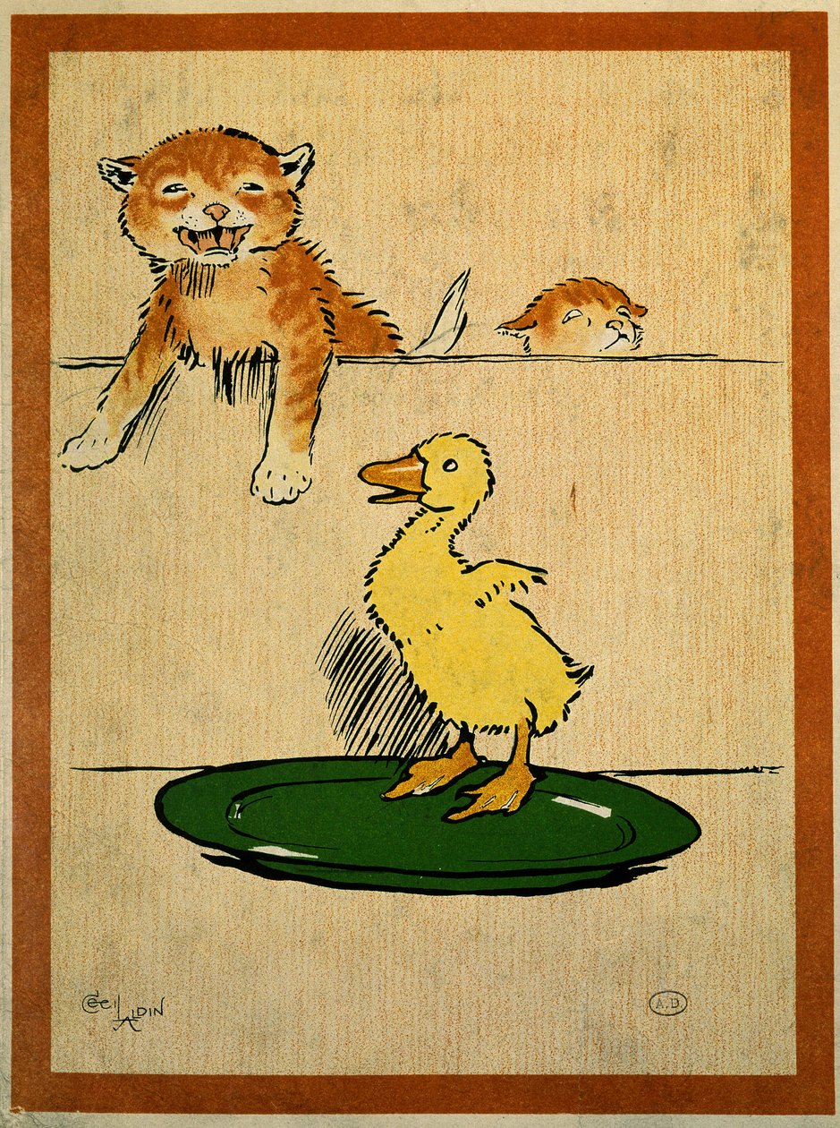 Macskák és kacsa. Cecil Aldin (1870-1935) rajza. Párizs, dekoratív művészet alkotó: Cecil Charles Windsor Aldin