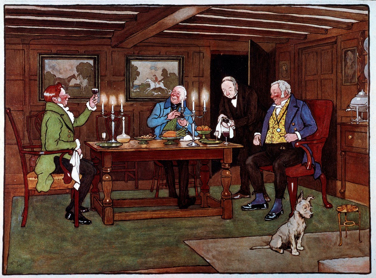 Ínyencek Italok, akik egy pohár portói italt fogyasztanak. Cecil Aldin (1870-1935) akvarellje 19. századi magángyűjtemény alkotó: Cecil Charles Windsor Aldin