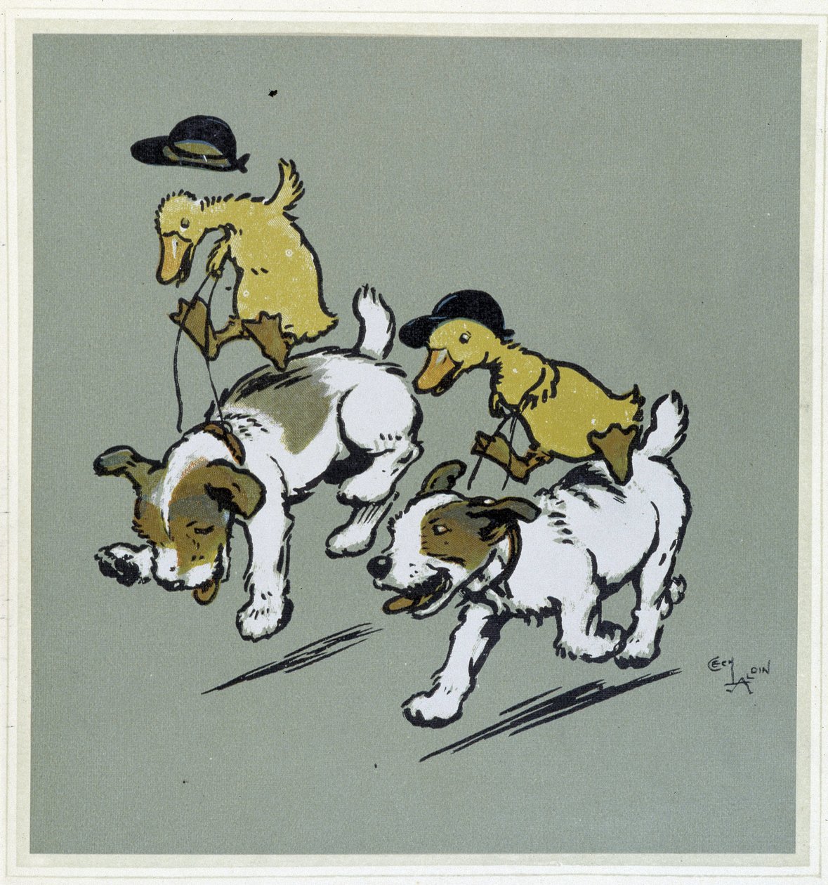 Kacsakészítés "" lovaglás"" kutyákon - a "" Vidám partiban"", ill. Cécil Aldin, szerk. Hodder & Stoughton, London alkotó: Cecil Charles Windsor Aldin