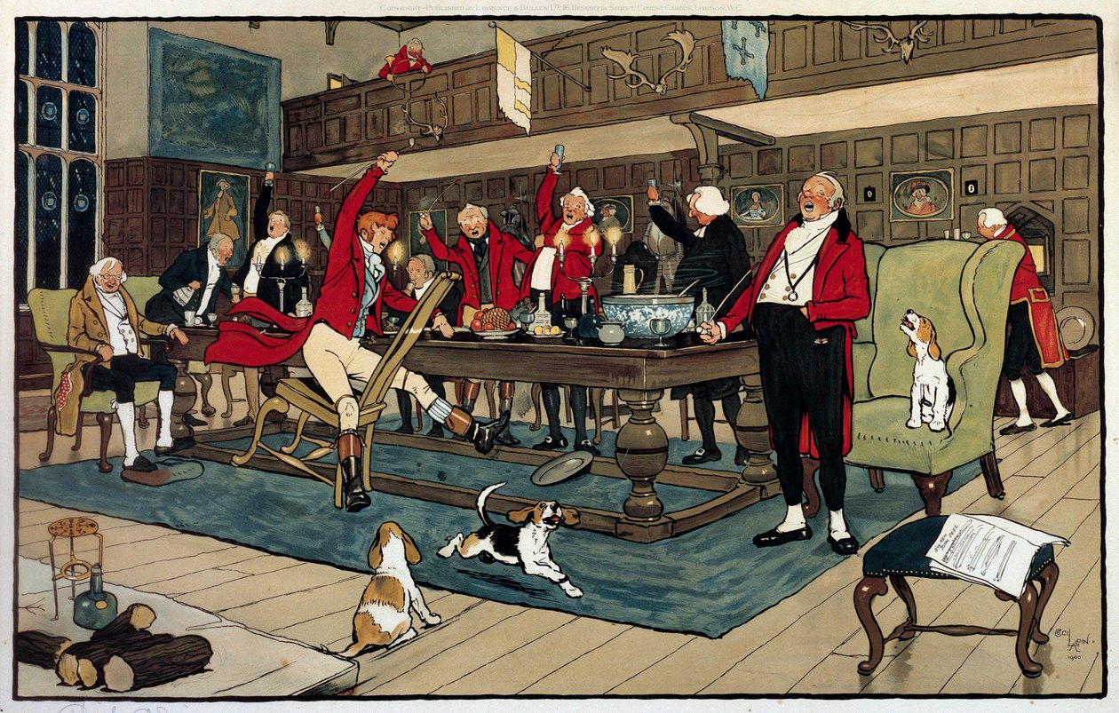 Vadász reggelije. A vadászatról visszatérve a vadászok elmondják bravúrjaikat. Metszet: Cecil Aldin (1870 -? ), Anglia. Coll. Megy. alkotó: Cecil Charles Windsor Aldin