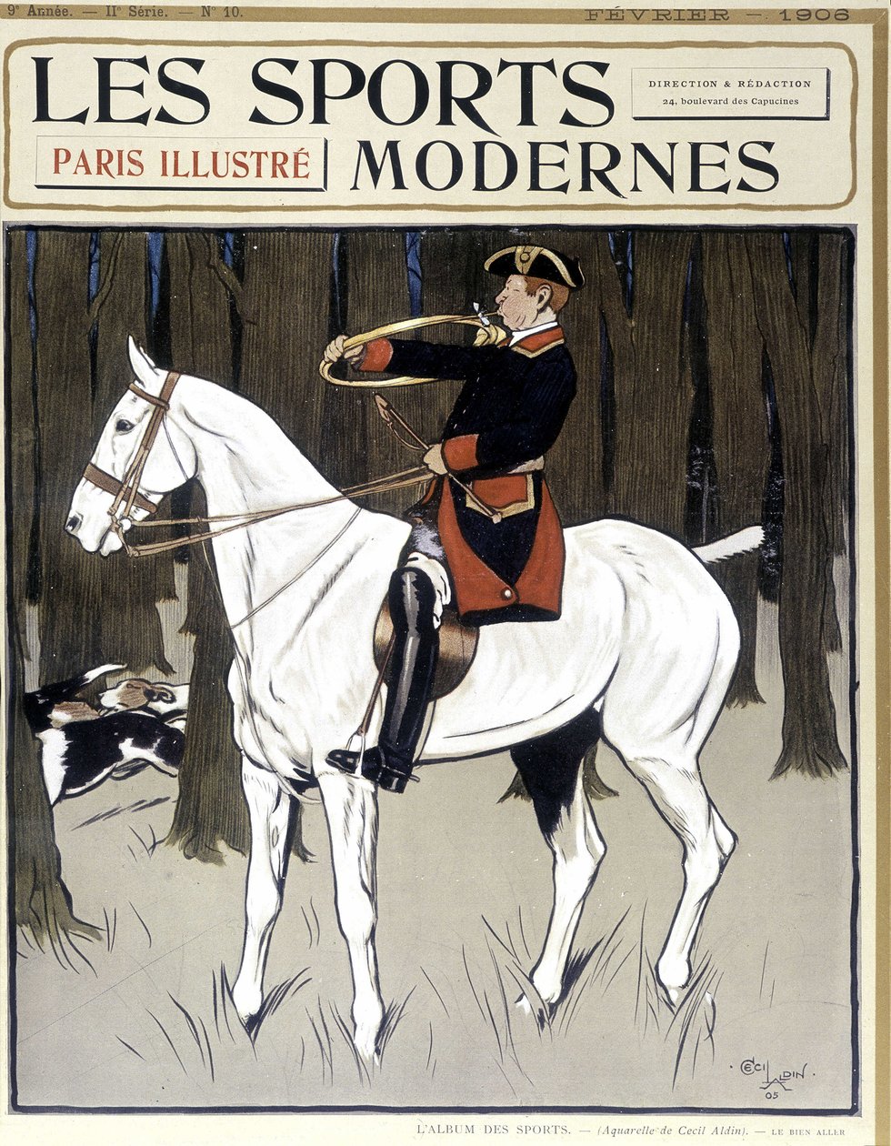 Vadászat (egy lóháton lévő ember bátorító kutyák) fedje le a „modern sportokat” ”02/1906 alkotó: Cecil Charles Windsor Aldin