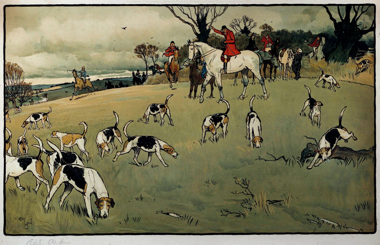 Vadászjelenet, Cecil Aldin (1870-1935) nyomvonal akvarellje 19. századi magángyűjtemény alkotó: Cecil Charles Windsor Aldin