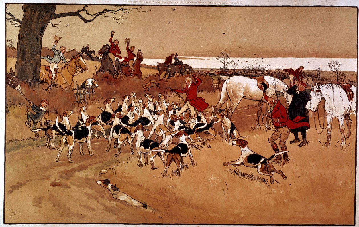 Vadászjelenet futott; lövés. Cecil Aldin (1870 -?) metszete, Anglia. Coll. Rész alkotó: Cecil Charles Windsor Aldin