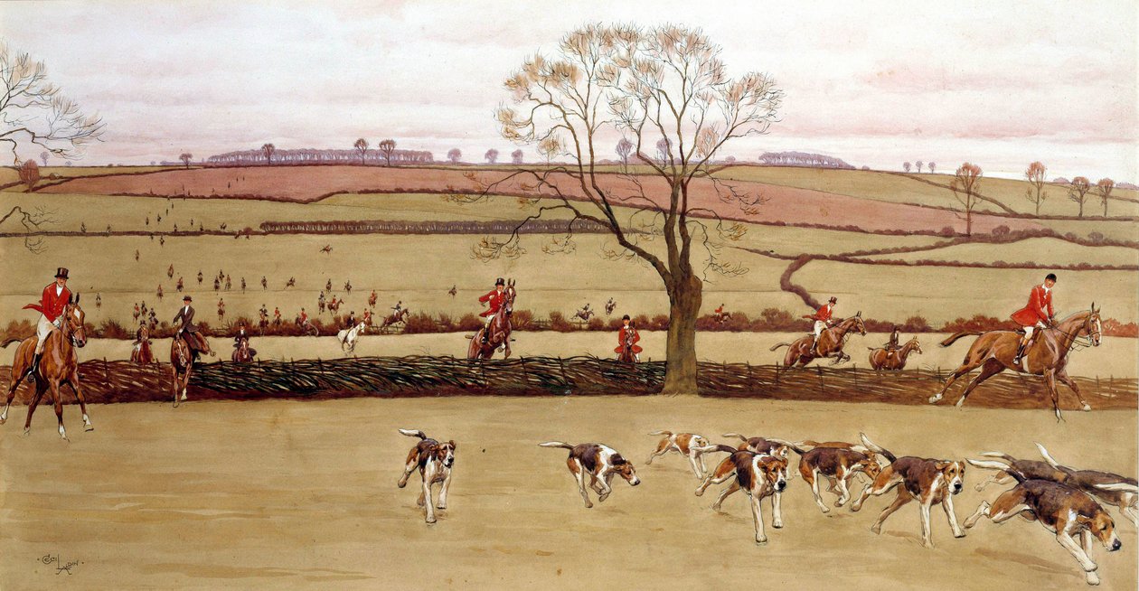 Vadászjelenet, a legénység Alicestone akvarellje, Cecil Aldin (1870-1935) 19. századi magángyűjtemény alkotó: Cecil Charles Windsor Aldin