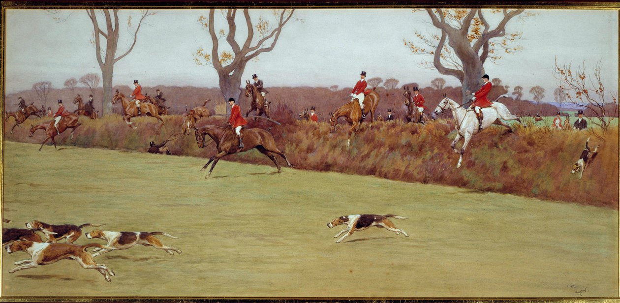 Vadászjelenet, a legénység Blackmoor akvarellje, Cecil Aldin (1870-1935) 19. századi magángyűjtemény alkotó: Cecil Charles Windsor Aldin
