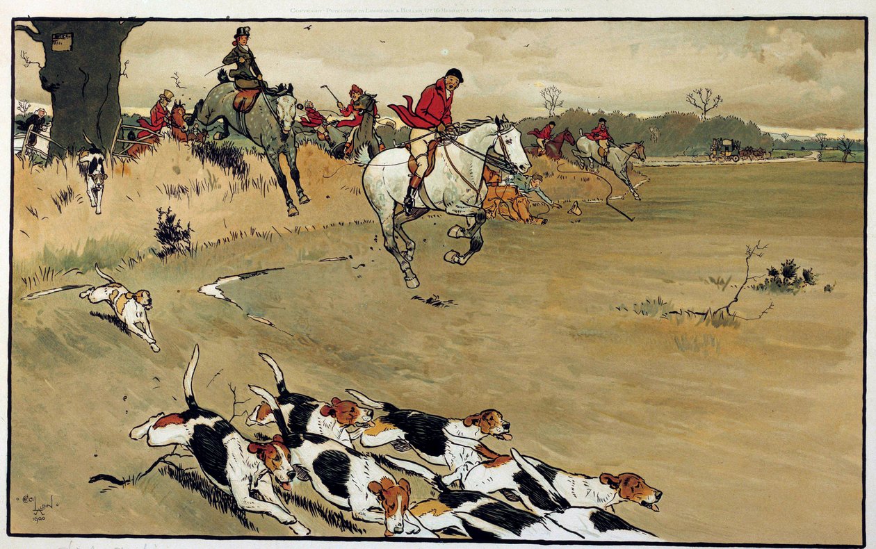 Vadászjelenet, a kutyafalka ugat Cecil Aldin (1870-1935) akvarelljátéka után, 19. századi magángyűjtemény alkotó: Cecil Charles Windsor Aldin