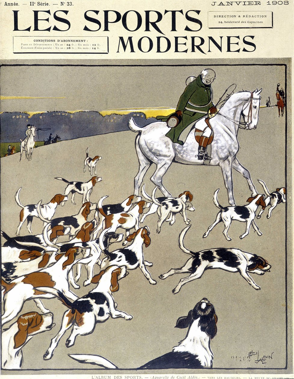 Vadászat: a falka. Borító „Modern sportok”, 1908/01 alkotó: Cecil Charles Windsor Aldin