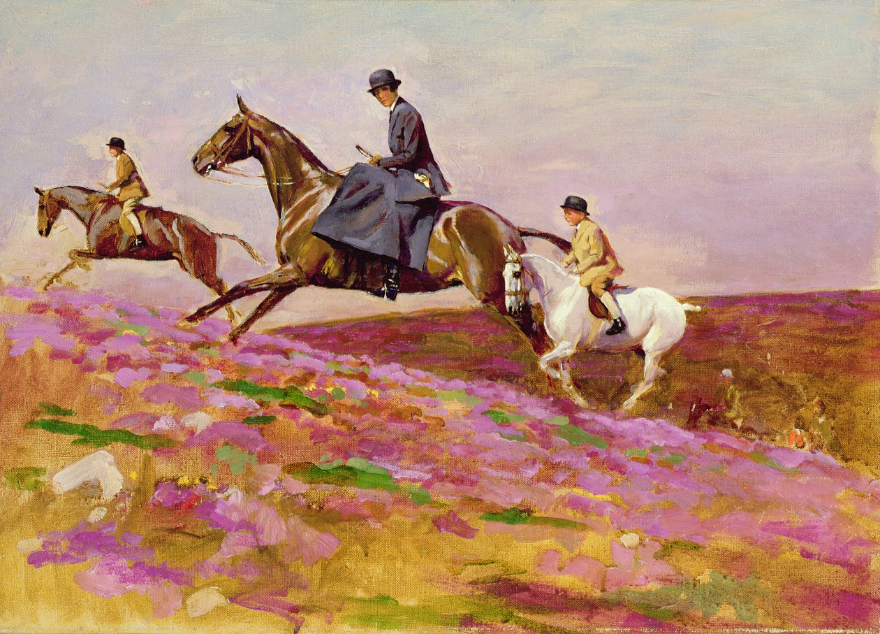 Lady Currie fiaival, Bill-lel és Hamish-val Hunting Exmooron (olaj, vászon) alkotó: Cecil Charles Windsor Aldin