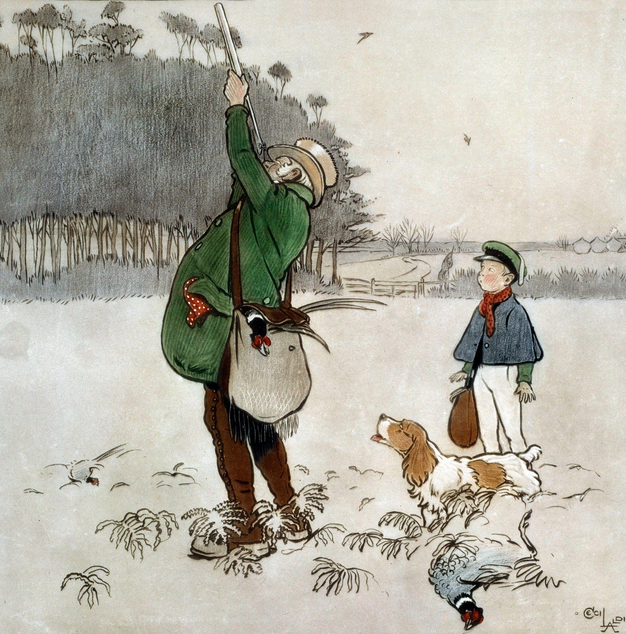 Cecil Aldin (1870-1935) The Fighter Shooting Ducks akvarellje, 19. századi magángyűjtemény alkotó: Cecil Charles Windsor Aldin