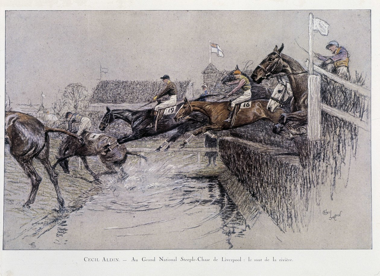 A nagy nemzeti akadályverseny Liverpoolban: The Jumping of the River – Cecil aldin rajza alkotó: Cecil Charles Windsor Aldin
